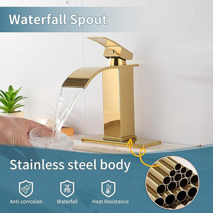 sagetta Waterfall Bathroom Sink Faucet Single Hole Faucet with Three Hole Cover Deck Plate, Pop up Drain and Water Hoses Stainless Steel Vanity Gold Color