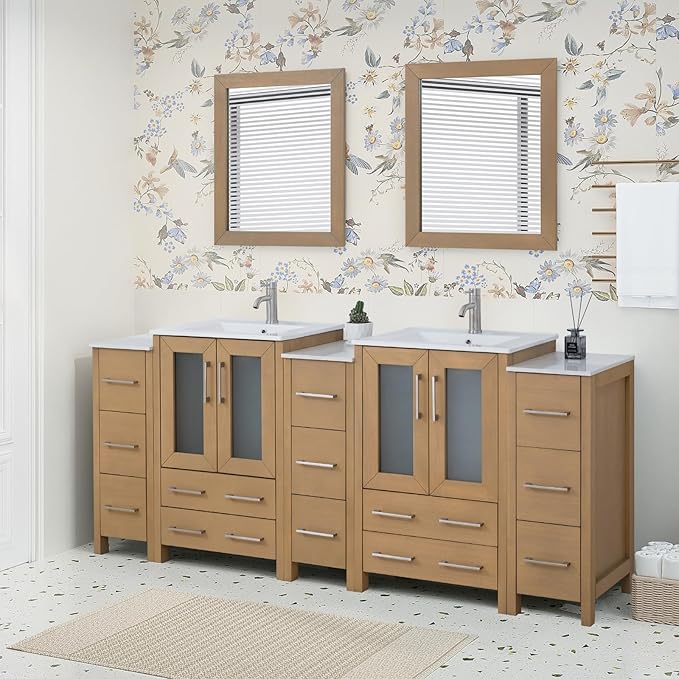 HOMEBEYOND 84 Inch Modern Bathroom Vanity with Sink & Mirror, Double Sink Vanity Cabinet with Basin and Mirror, Dove-Tailed Drawers, Soft-Closing Doors, Wood, Natural Oak