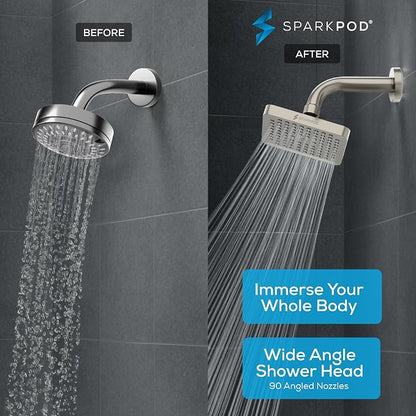 SparkPod Rain Shower Head, 6 Inch Square, Elegant Brushed Nickel Finish | High Pressure Shower Heads, 90 Nozzles, Adjustable Showerhead, No Tools Needed, Universal Connection
