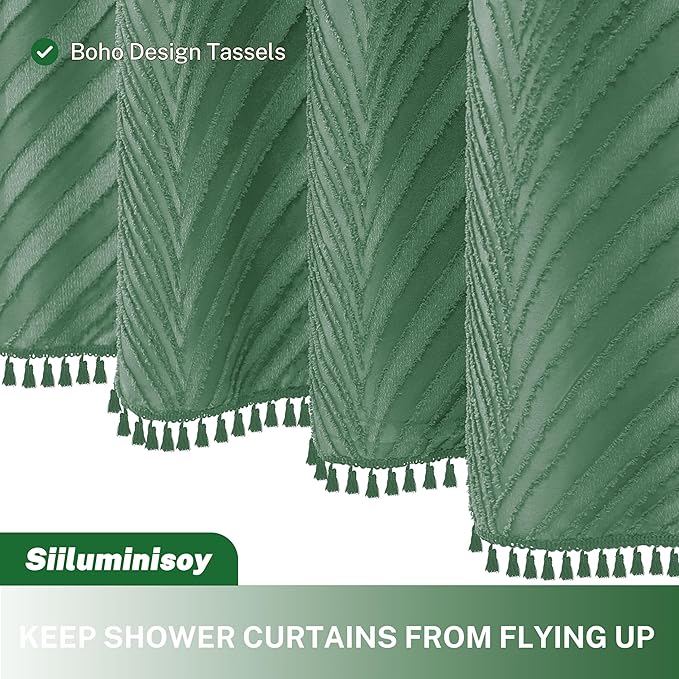 Green Boho Shower Curtain Woven Fabric Cute Shower Curtain, 72 x 72 Tufted Leaves Textured Striped Modern Farmhouse Minimalist Cloth Shower Curtains for Bathroom