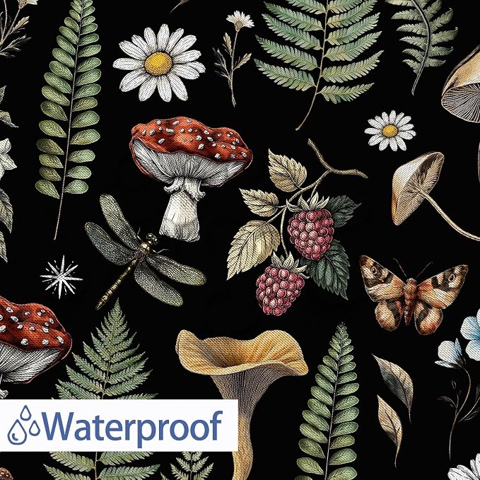 GOAOK Vintage Mushroom Boho Shower Curtain, Magic Fairy Witchy Woodland Nature Plant Shower Curtain Set, Hippie Botanical Floral Aesthetics Fabric Waterproof Shower Curtain 72"x84" Black
