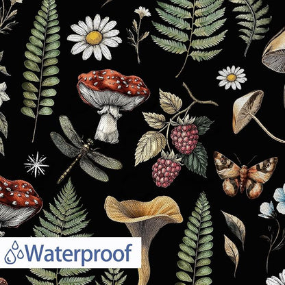 GOAOK Vintage Mushroom Boho Shower Curtain, Magic Fairy Witchy Woodland Nature Plant Shower Curtain Set, Hippie Botanical Floral Aesthetics Fabric Waterproof Shower Curtain 72"x84" Black
