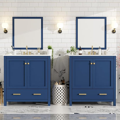 LUMISOL 60" Double Sink Bathroom Vanity, Solid Wood Bathroom Sink Cabinet with 2 Drawers, Storage Racks & 2 Cabinets, Separate 2 Bathroom Vanities with Ceramic Sink, Mirror Not Included, Blue