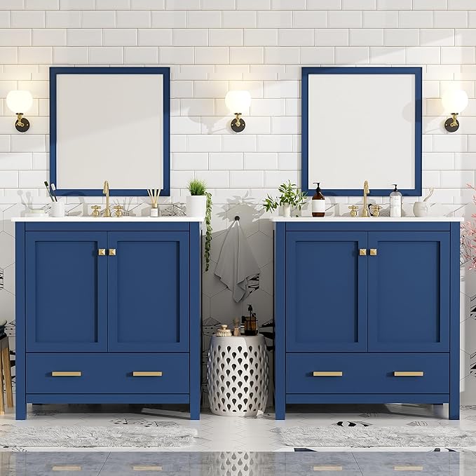 60" Blue Bathroom Vanity with Double Sink, 60 Inch Bathroom Vanity Set with Double Vanities (Separate), 2 Bathroom Vanities with Sink, Storage Shelf, and Divided Drawers (Mirror not included)