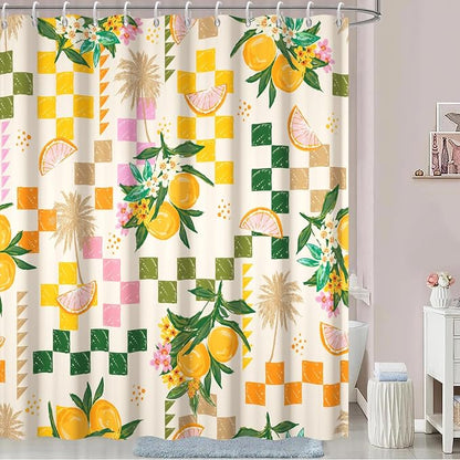 Yellow Lemon Shower Curtain with Hooks for Bathroom 72x72 Inch | Waterproof Summer Green and Pink Citru Fruits Shower Curtain Set, Soft Bathroom Decor, Machine Washable