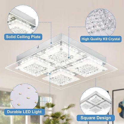 Hallway Light Fixture Crystal Flush Mount Ceiling Lights LED Square Bathroom Ceiling Light Dimmable 14 Inch 4000K Kitchen Ceiling Lighting Foyer Chrome Living Room Light