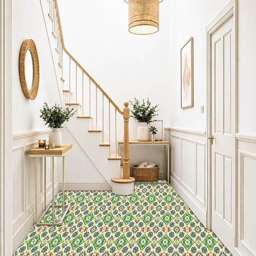 Teal Yellow Floral Peel and Stick Floor Tiles 12x12 Inch 10PCS | Teal yellow orange floral geometric pattern vinyl floor stickers for kitchen bathroom entryway and indoor home decor