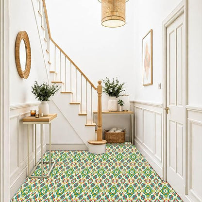 Teal Yellow Floral Peel and Stick Floor Tiles 12x12 Inch 10PCS | Teal yellow orange floral geometric pattern vinyl floor stickers for kitchen bathroom entryway and indoor home decor
