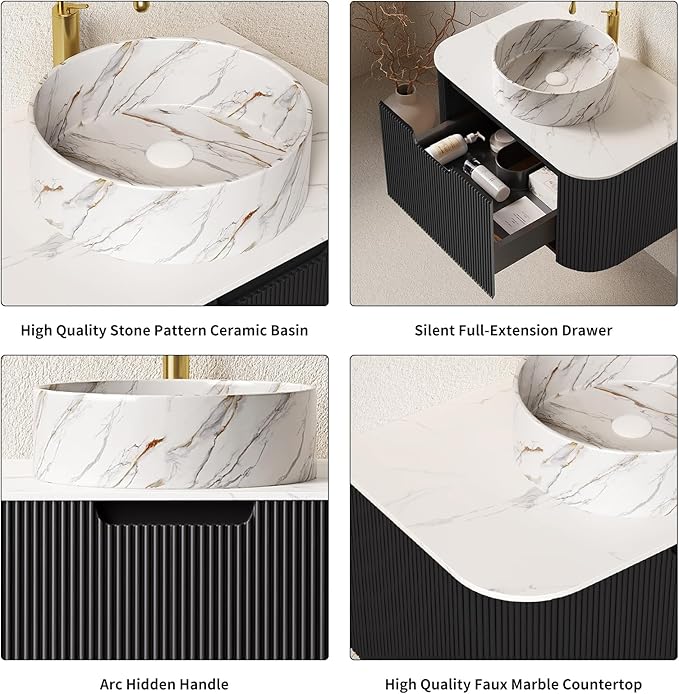 Yayzy 30" Floating Bathroom Vanity with Sink, Solid Wood Fluted Cabinet, White Marble-Patterned Ceramic Basin & Faux Marble Top, Soft-Close Drawer, Pre-Assembled, Gloss Black