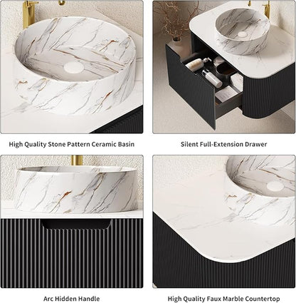 Yayzy 30" Floating Bathroom Vanity with Sink, Solid Wood Fluted Cabinet, White Marble-Patterned Ceramic Basin & Faux Marble Top, Soft-Close Drawer, Pre-Assembled, Gloss Black