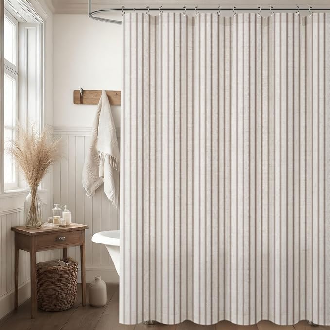 Farmhouse Striped Shower Curtain Taupe Vintage Linen Curtain 60"W X 72"L | Striped Shower Curtains with Linen Texture for Bathroom Decor