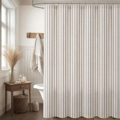 Farmhouse Striped Shower Curtain Taupe Vintage Linen Curtain 60"W X 72"L | Striped Shower Curtains with Linen Texture for Bathroom Decor