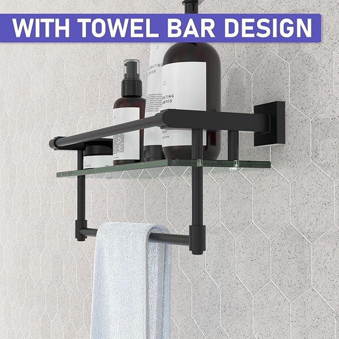 Glass Shelf for Bathroom 16 Inch Bathroom Shelves with Towel Bar, Tempered Glass Shelves with Stainless Steel Towel Holder for Wall Shelf Sink Over Toilet (Matte Black)