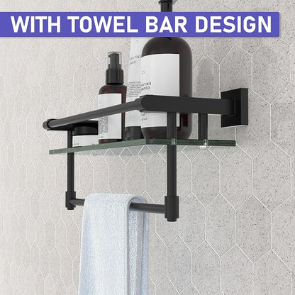 Glass Shelf for Bathroom 16 Inch Bathroom Shelves with Towel Bar, Tempered Glass Shelves with Stainless Steel Towel Holder for Wall Shelf Sink Over Toilet (Matte Black)