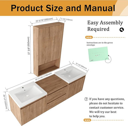 72'' Floating Bathroom Vanity with Double Sink, and 1 Side Cabinet, Brown | Double Sink Combo with 24" Side Cabinet, Plywood Cabinet, Resin Basin, Ample Storage, Soft-close Hinge, Assembly Required