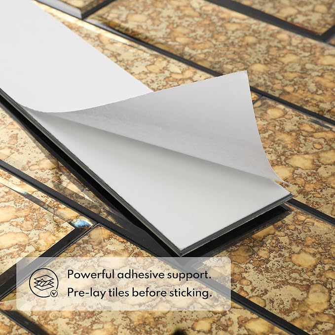 Peel and Stick Beveled Gold Antique Mirror Tile Subway Mirror Glass Backsplash 3x12 Inch for Kitchen Bathroom Wall (20 Pcs, 5 SQ.FT.)