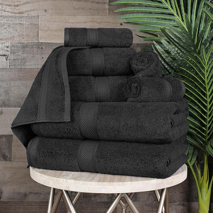 Superior Egyptian Cotton Ultra Plush & Absorbent, 8 Piece Set, Black | Quick Dry, Soft Luxury Towel Set, Bath Essentials, Guest Bath, Spa, 2 Bath, 2 Hand, 4 Face Towels, Madeline Towels