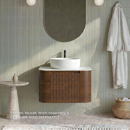 24" Preassembled Floating Bathroom Vanity with Round Sink, Walnut | Mid-Century Modern Style, Fluted & Soft-Close Drawer with U-shaped Wall, Sinterted Stone Countertop, Towel Rack Included