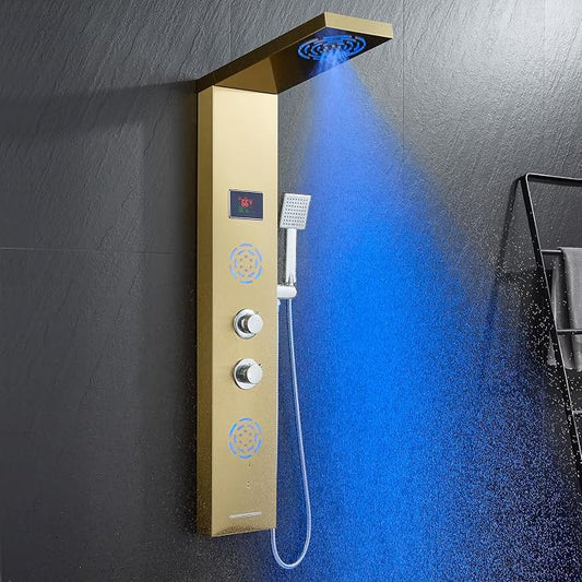 POPFLY LED Shower Panel Tower System Mist & Rain Shower Head ＆ 2 Massage Body Jets, Tub Spout and Temperature Display, Water Powered Led Shower Tower Column Stainless Steel, Golden