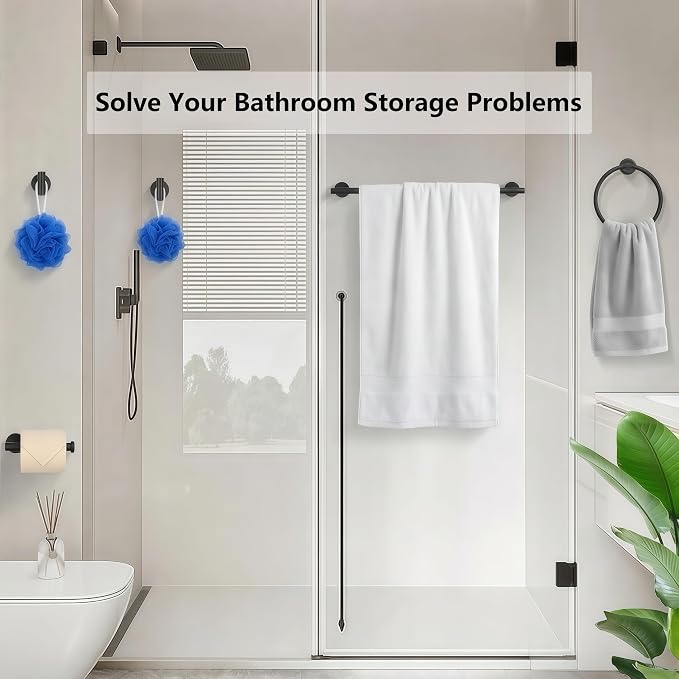 5-Piece Bathroom Hardware Set, Black SUS304 Stainless Steel Bathroom Accessories Kit, Includes 24" Towel Bar, Toilet Paper Holder, Towel Ring & 2 Robe Hooks, Wall Mounted, Rustproof Modern Design