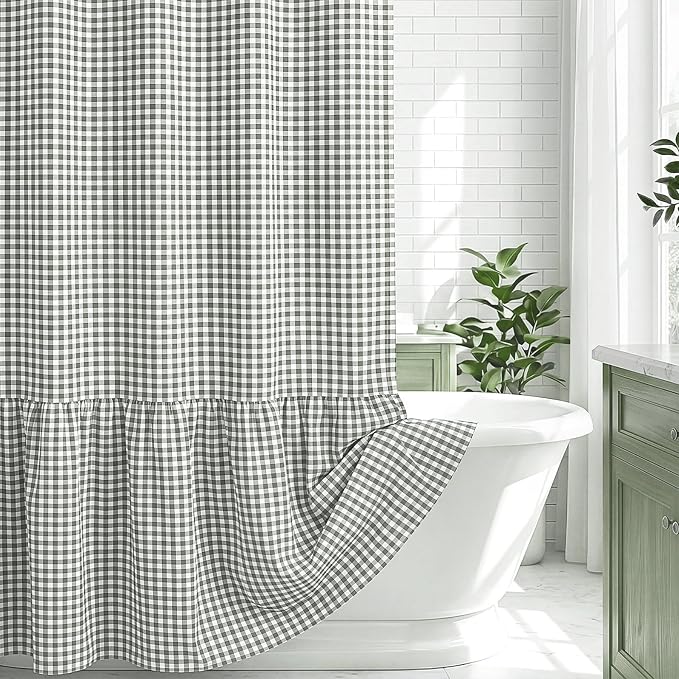 HunnmingRe Ruffle Hem Gingham Shower Curtain Sage Green | 72'' x 72'' Vintage Farmhouse Curtain, Cotton Cottage Core Rural Checkered Plaid Decor, Fall Shower Curtain for Bathroom