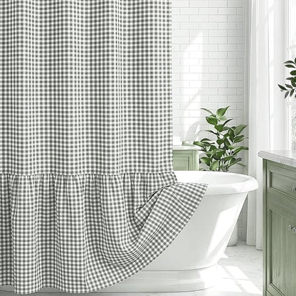 HunnmingRe Ruffle Hem Gingham Shower Curtain Sage Green | 72'' x 72'' Vintage Farmhouse Curtain, Cotton Cottage Core Rural Checkered Plaid Decor, Fall Shower Curtain for Bathroom