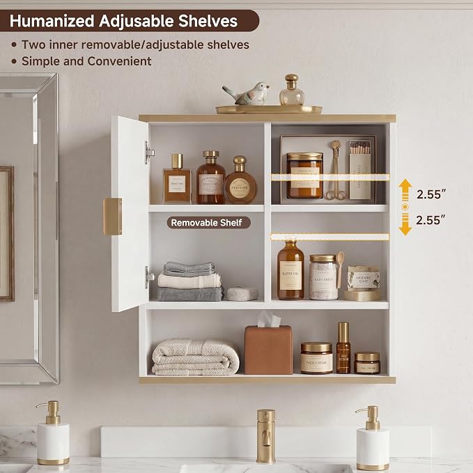 Bathroom Wall Cabinet Fluted,Medicine Cabinet Over Toilet Storage Cabinet | Fernitry Farmhouse Wall Mounted Storage Cabinet Organizerwith Adjustable Shelf, Wood White Gold 23.33''Wide