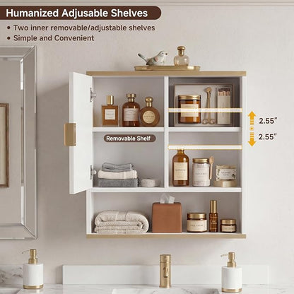 Bathroom Wall Cabinet Fluted,Medicine Cabinet Over Toilet Storage Cabinet | Fernitry Farmhouse Wall Mounted Storage Cabinet Organizerwith Adjustable Shelf, Wood White Gold 23.33''Wide