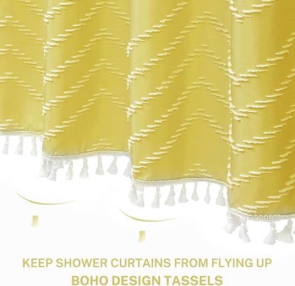 Yellow Boho Shower Curtain with White Tassel - 72 x 72 Modern Farmhouse Textured Tufted Chevron Striped Minimalist Bathroom Shower Curtain