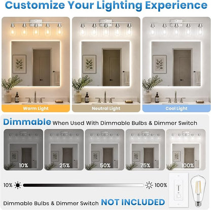 Ascher 5 Light Bathroom Light Fixture, Brushed Nickel Bathroom Lighting Fixtures Over Mirror, Vanity Light with Clear Glass Shade, Wall Sconce for Living Room Bedroom Cabinet, E26 Base