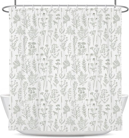 Coxila Vintage Floral Shower Curtain Sage Green and White Flower Retro Cute Rustic Country Spring Summer Fun Boho Plant Botanical Leaf Greenery Bathroom 60 x 72 Inch Polyester Fabric 12 Pack Hooks