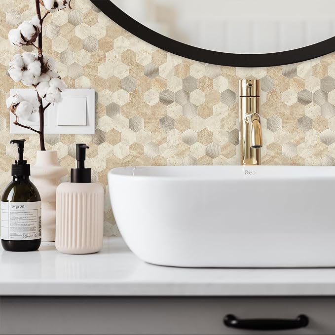 12 Sheets Peel and Stick Backsplash Tile, Hexagon Beige Stone Rock Mixed Brushed Metal Stick on Backsplash, Honeycomb Self Adhesive Mosaic Wall Tiles for Kitchen Bathroom (11.3" x 5.7")
