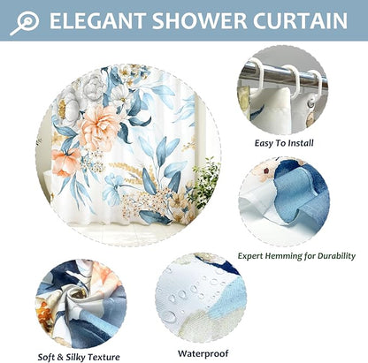 Floral Flower Fabric Shower Curtain with 12 Hooks, 120GSM, 72x72 | Printed Botanical Bathroom Curtain,Polyester Shower Curtain Water-resistant