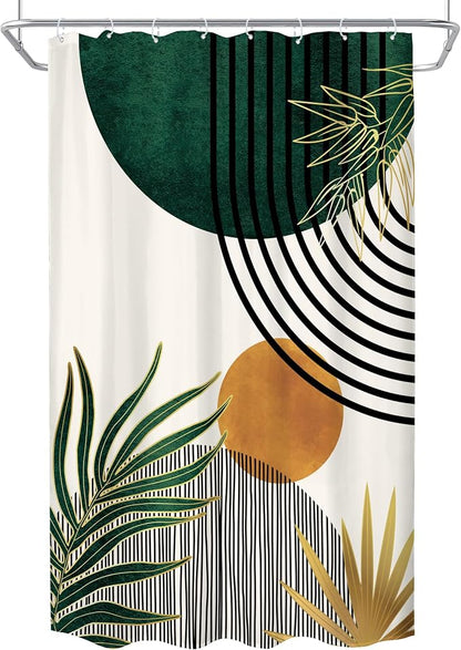 KOMLLEX Mid Century Green Boho Abstract Modern Bathroom Shower Curtain Set | 48Wx72L Plant Botanical Palm Leaves Design, Waterproof Hd Print With Fast-Drying Fabric and 12 Hooks
