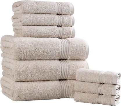 SUPERIOR Egyptian Cotton 9-Piece Towel Set, Assorted Towels for Home Bathroom, Master, Guest Bath, Decor Essentials, Includes 3 Bath, 3 Hand, 3 Face Towels/Washcloths, Quick Dry, Absorbent, Stone