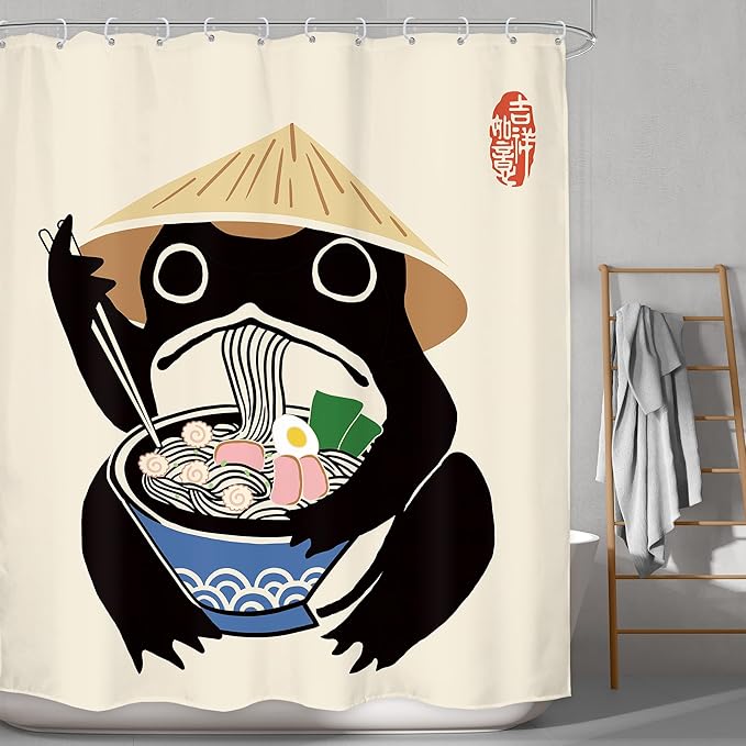 LGhtyro Funny Frog Shower Curtain Bathroom Set 60Wx71H Inches Retro Cute Animal Asian Traditional Japanese Style Noodles Strawhat Vintage Bath Accessories Children Art Home Decor Fabric 12 Pack Hooks