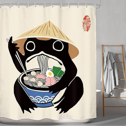 LGhtyro Funny Frog Shower Curtain Bathroom Set 60Wx71H Inches Retro Cute Animal Asian Traditional Japanese Style Noodles Strawhat Vintage Bath Accessories Children Art Home Decor Fabric 12 Pack Hooks