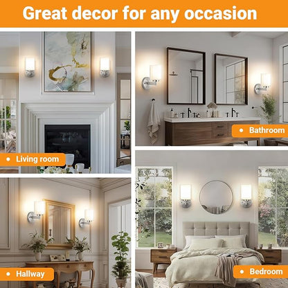 Battery Operated Wall Sconce Set of 2, Wireless Wall Sconce with Remote,10000mAh Rechargeable RGB Dimmable Bathroom Light Fixtures with Double Clear Glass Shade NOT Hardwired (Nickel)