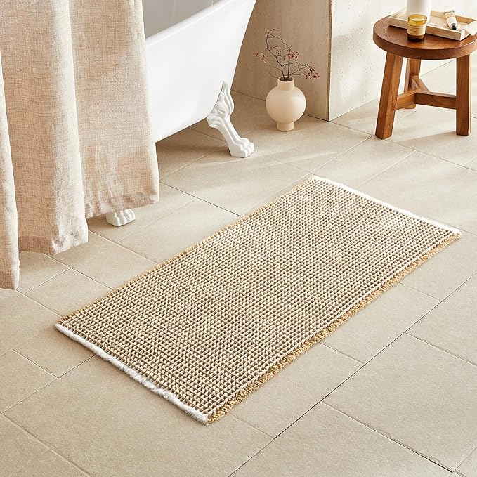 TYUU Waffle Bath Mat, Boho Bathroom Rugs Non Slip, 48x24 Khaki & White | Super Absorbent Quick Dry Bath Rug, Non-Slip Backing, Soft Waffle Washable Farmhouse Bathroom Mats, Tub, Shower & Home Decor