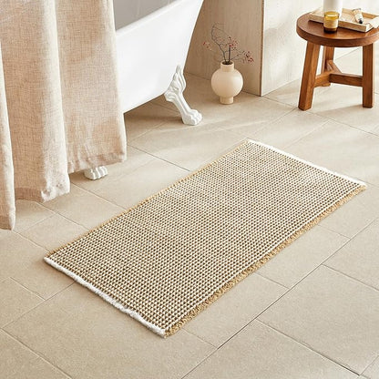 TYUU Waffle Bath Mat, Boho Bathroom Rugs Non Slip, 48x24 Khaki & White | Super Absorbent Quick Dry Bath Rug, Non-Slip Backing, Soft Waffle Washable Farmhouse Bathroom Mats, Tub, Shower & Home Decor