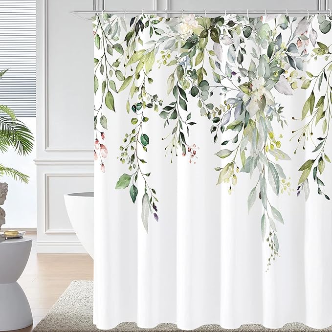 Sage Green Eucalyptus Shower Curtain, Floral Print, 72x90 | Watercolor Plant Leaves Floral Print, Extra Long Waterproof Fabric Bathroom Decor, Machine Washable, Rustproof Grommets