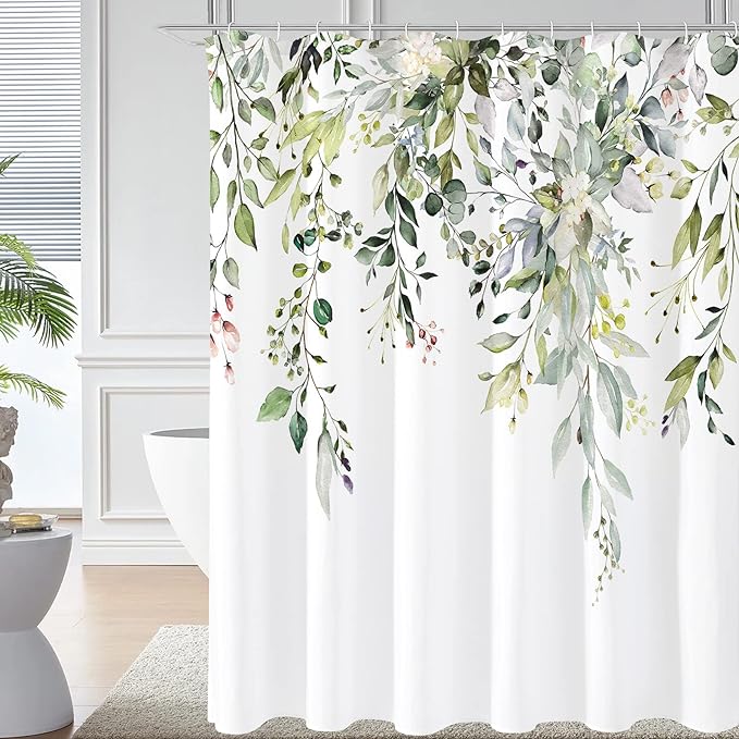 Sage Green Eucalyptus Shower Curtain, Floral Print, 108x72 | Watercolor Plant Leaves Floral Print, Extra Wide Waterproof Fabric Bathroom Decor, Machine Washable, Rustproof Grommets
