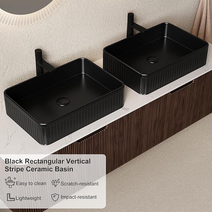 60" Floating Bathroom Vanity with Sink, Wall-Mount Cabinet with 2 Large Storage Drawer, 2 Black Rectangular Ceramic Basins and Marble Top, Soft-Close Design, Dark Walnut