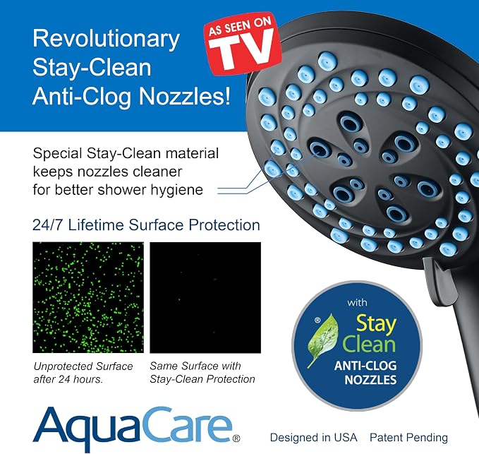 AquaCare New 8-mode High Pressure Handheld Shower Head w/ 2-way Power Wash | Stay Clean Nozzles, Dual Power Wash for Tub, Tile & Pets, Long 6 ft. Stainless Steel Hose, Wall & Overhead Brackets / Black