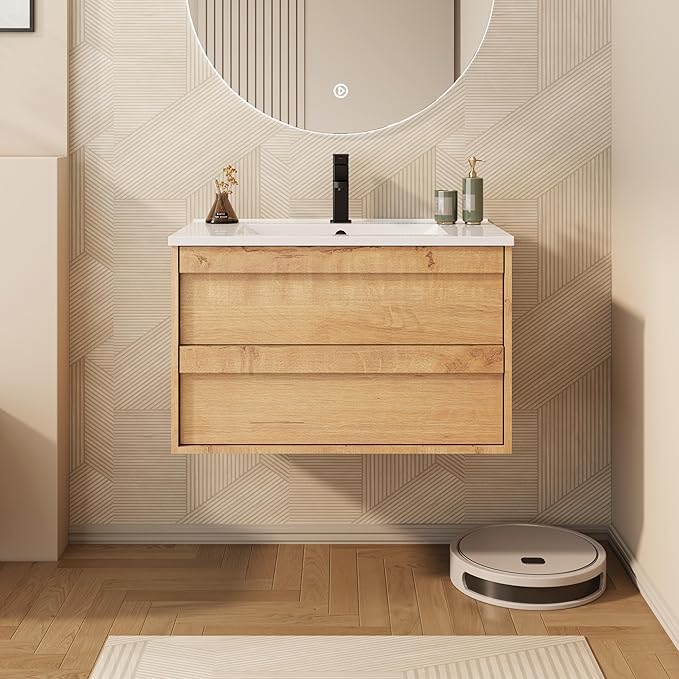 eclife 30" Floating Bathroom Vanity Sink Combo, Wall Mounted Modern Minimalist Storage Cabinet with 2 Drawers, Include Sink, Faucet & Drain, Natural