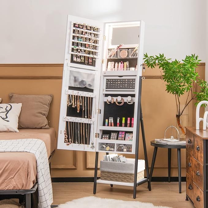 CHARMAID Standing Jewelry Armoire with Full Length Mirror, Lockable Jewelry Cabinet Organizer with Lights, 3 Lighting Modes, Foldable Makeup Tray, Storage Drawers & Shelves (White)