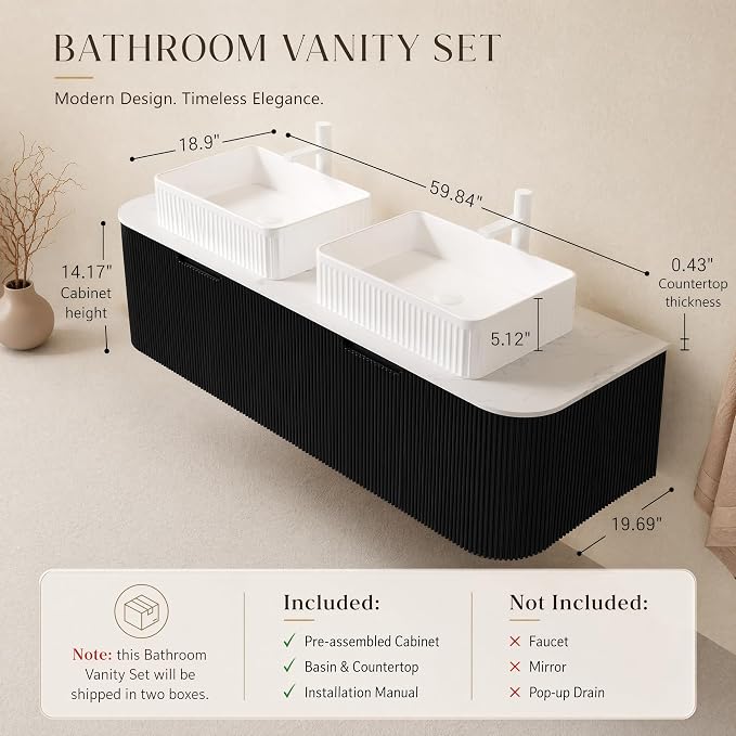 60 Inch Double Sink Bathroom Vanity, Floating Wall Mounted Cabinet, Black Curved Fluted Front, Stone Top, Dual White Textured Rectangular Vessel Basins, Pre-Assembled