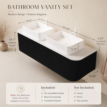 60 Inch Double Sink Bathroom Vanity, Floating Wall Mounted Cabinet, Black Curved Fluted Front, Stone Top, Dual White Textured Rectangular Vessel Basins, Pre-Assembled