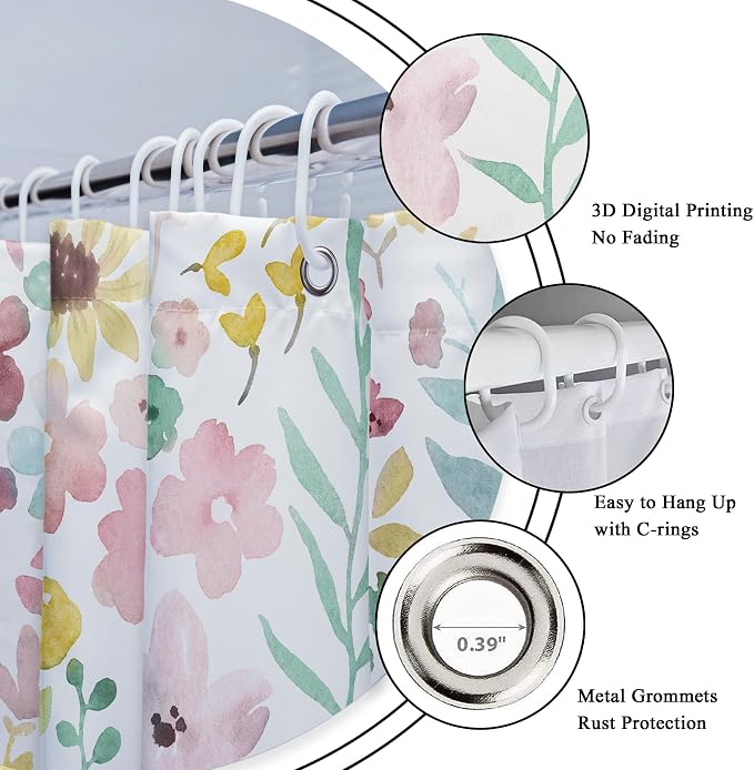 Sage Green Floral Cute Boho Watercolor Plants Bathroom Shower Curtain Set | 72"W x 72"H Girly Spring; waterproof HD print, quick-dry fabric with 12 hooks for easy hanging.
