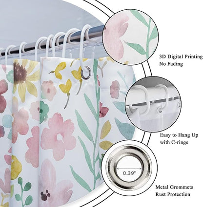 Sage Green Floral Cute Boho Watercolor Plants Bathroom Shower Curtain Set | 72"W x 72"H Girly Spring; waterproof HD print, quick-dry fabric with 12 hooks for easy hanging.